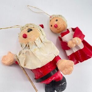 Mid Century Paper Mache Santa Mrs Clause Ornaments Crepe Pressed Paper